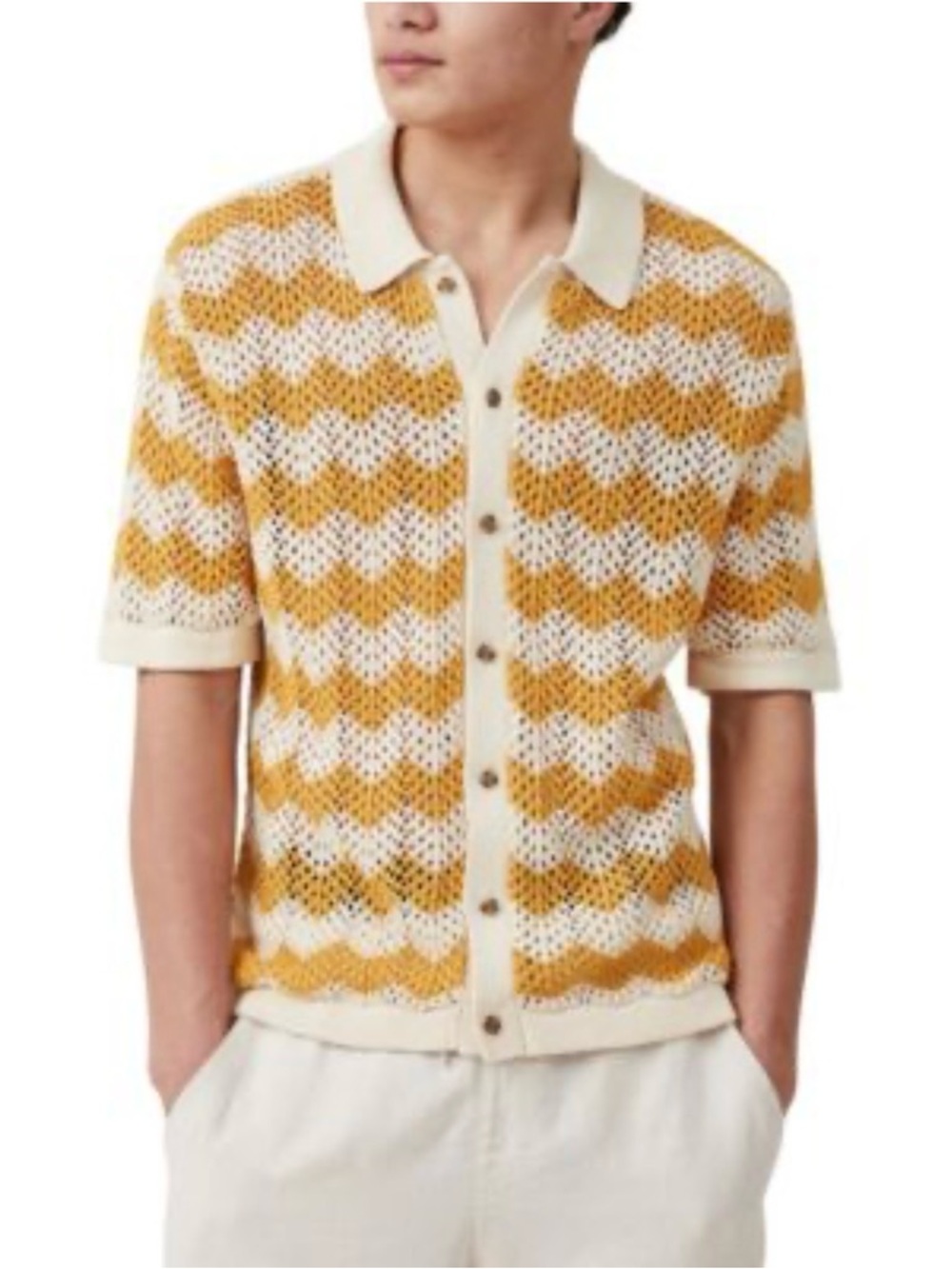Cotton On Mens Short Sleeve Button Crochet Knit Shirt with Zigzag and Collar M